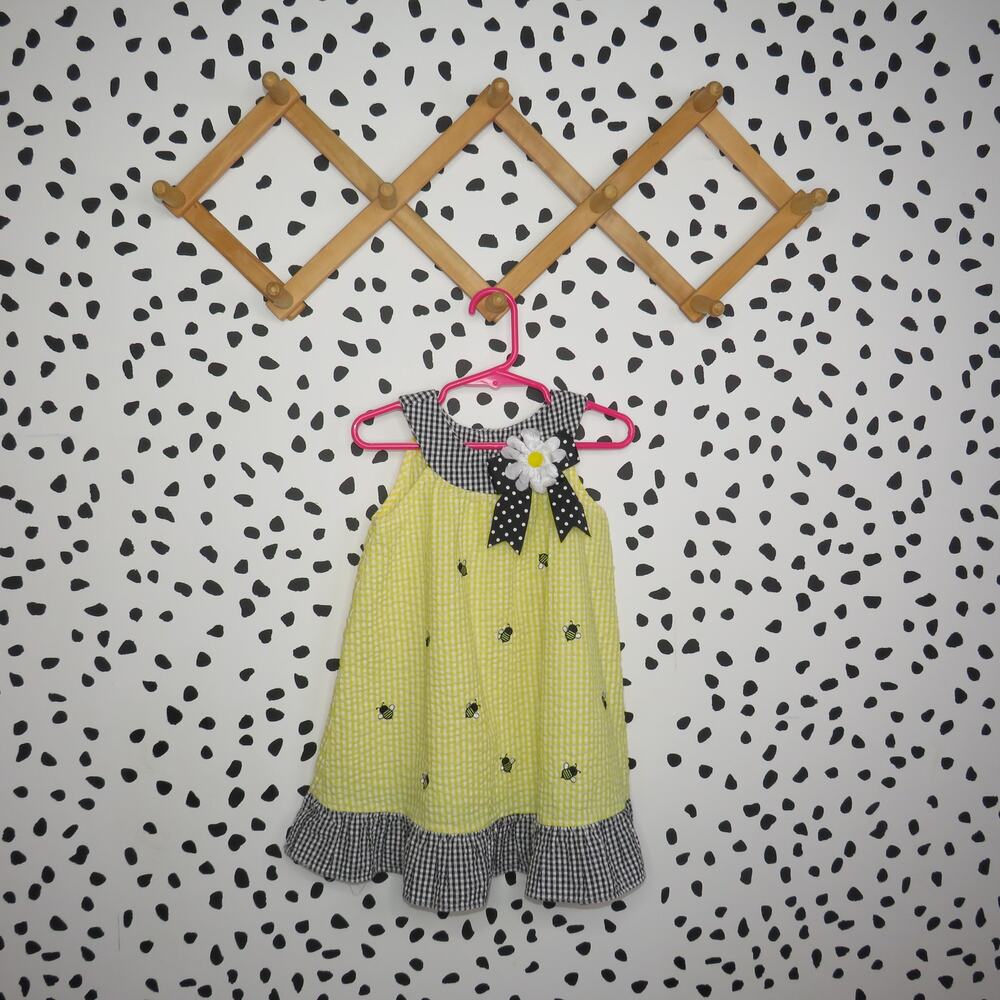 Rare, Too! Yellow Gingham Embroidered Bee Ruffle Hem Toddler Dress